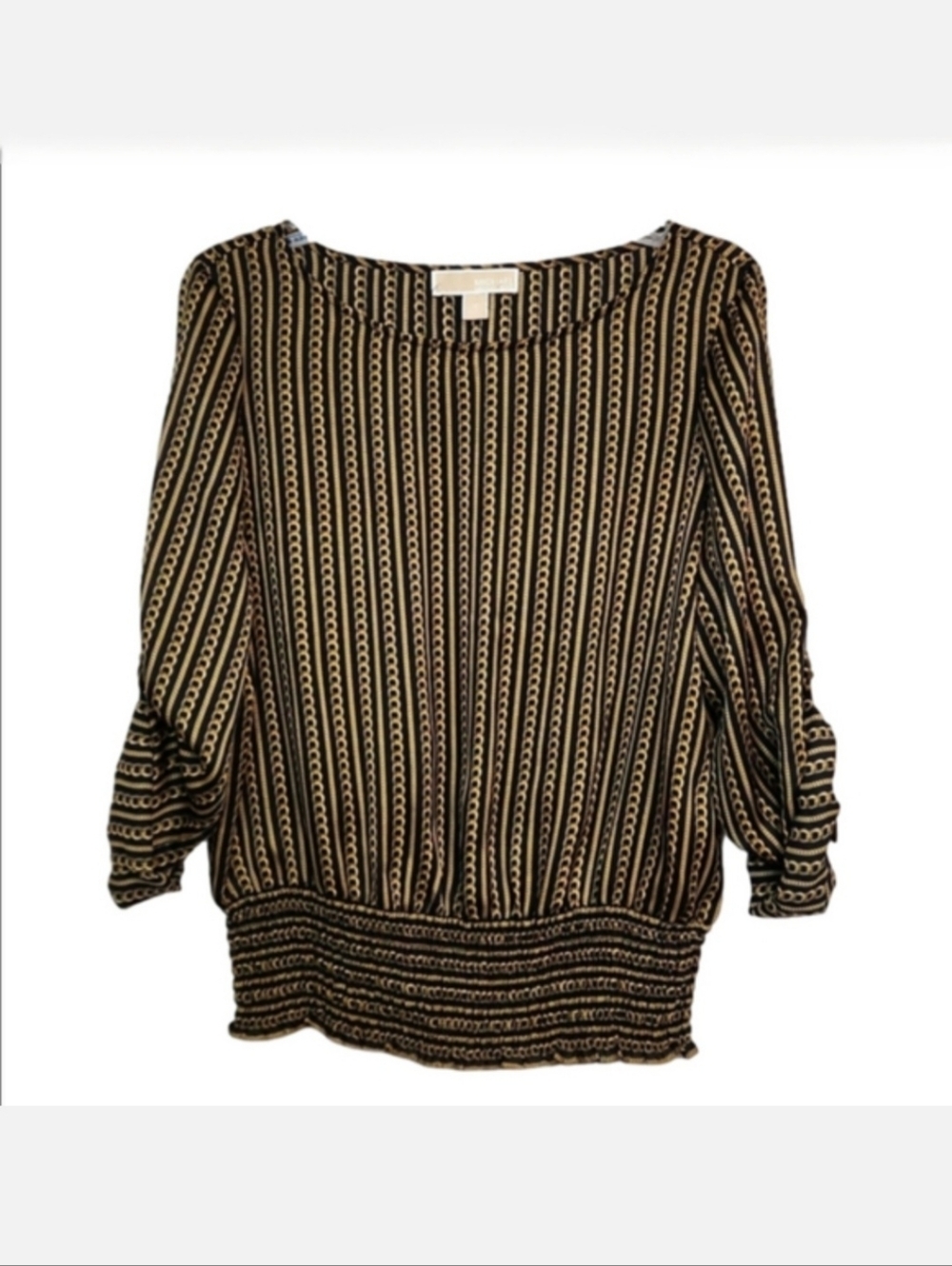 MICHAEL Michael Kors Black/Gold Chain Print Smocked Top, Size M ~ EUC